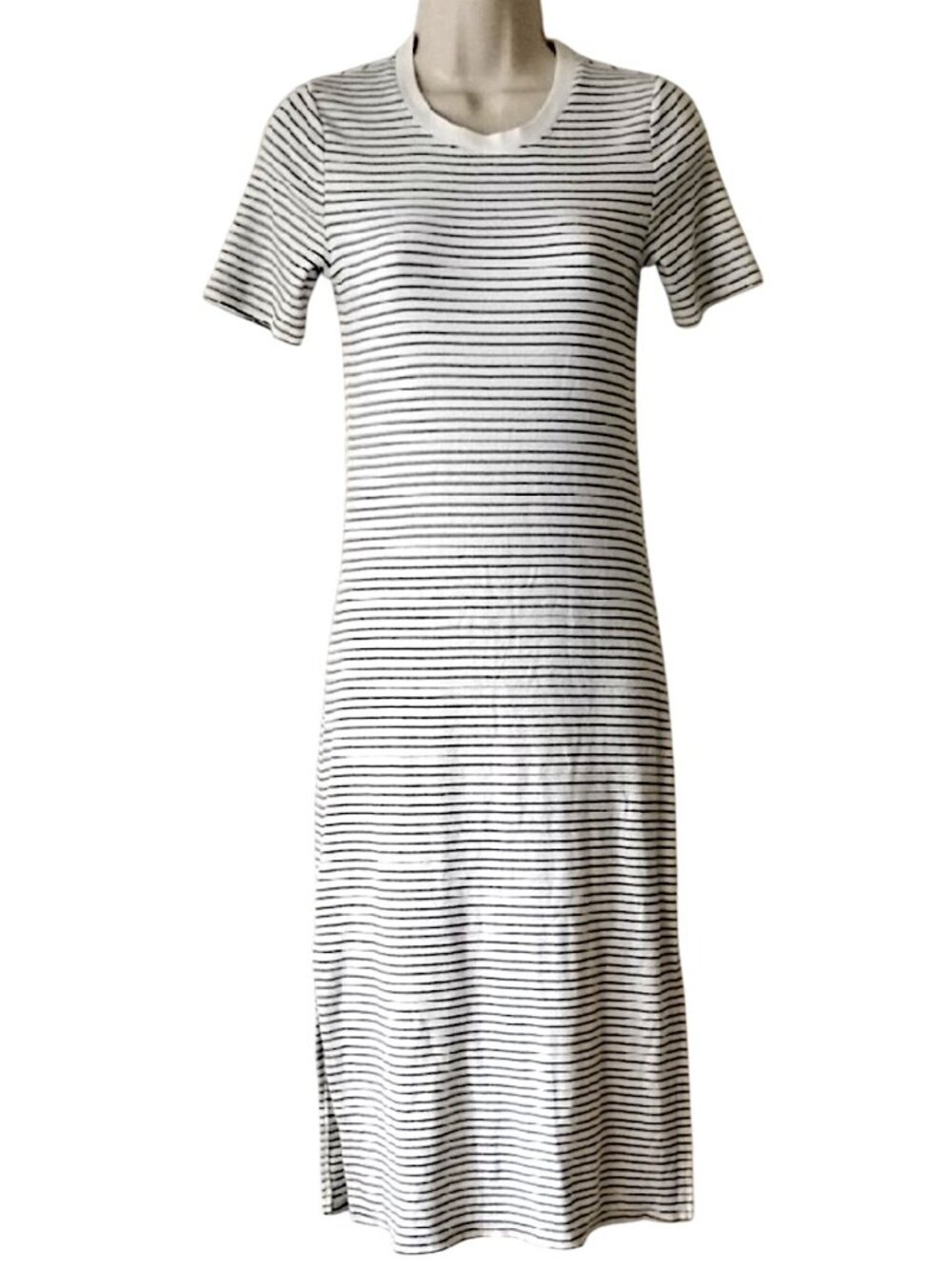 A New Day Rib Knit Short Sleeve Striped Crew Midi Dress XS White Black